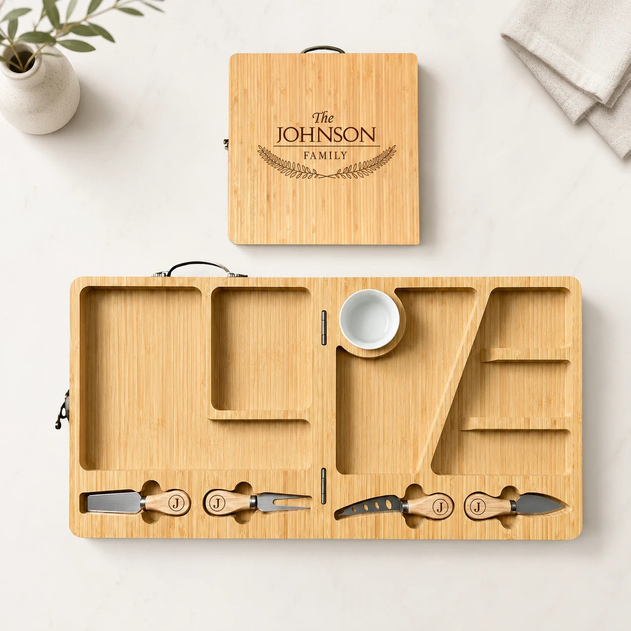 Personalized family name folding charcuterie board set with cheese knives