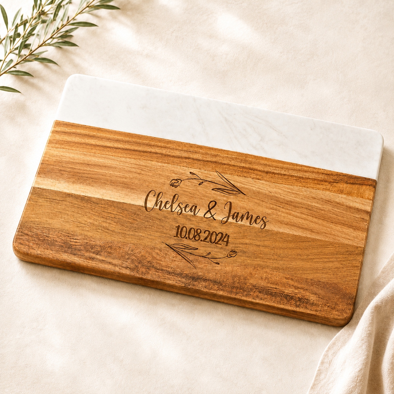 Personalized marble and acacia cheese board