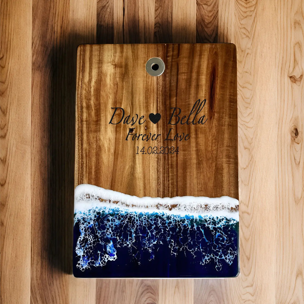 Personalized Wedding Cheese Board with Ocean Resin