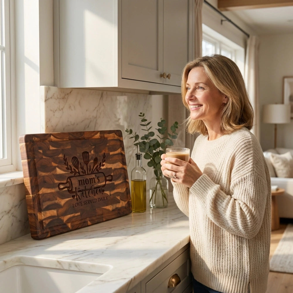 Smiling_woman_with_coffee_next_to_upright_Mom_s_Kitchen_end_grain_board