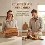 Split_view_of_woman_holding_engraved_board_and_man_preparing_food