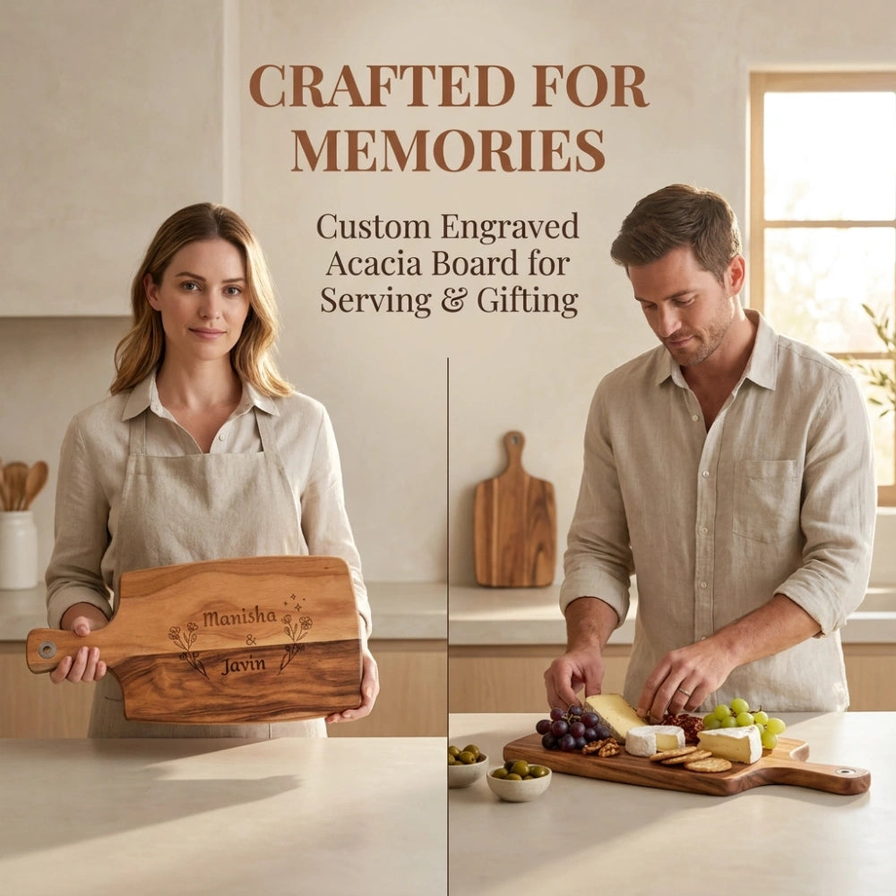 Split_view_of_woman_holding_engraved_board_and_man_preparing_food