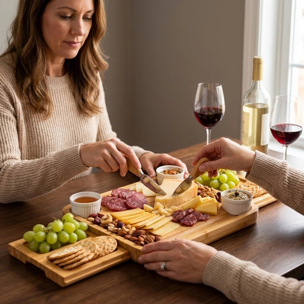 Two_women_cutting_cheese_on_loaded_expandable_bamboo_board