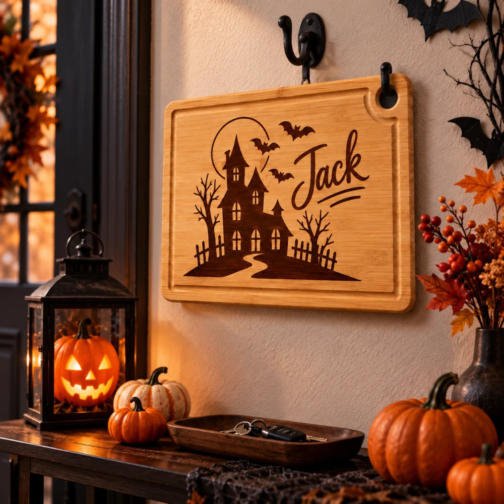 Upright_Halloween_engraved_bamboo_board_on_shelf_with_pumpkins