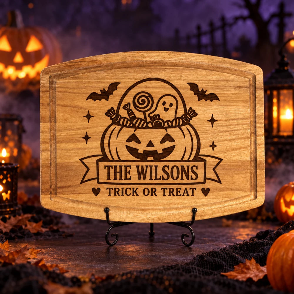 Upright_Halloween_pumpkin_candy_basket_engraved_board_on_metal_stand