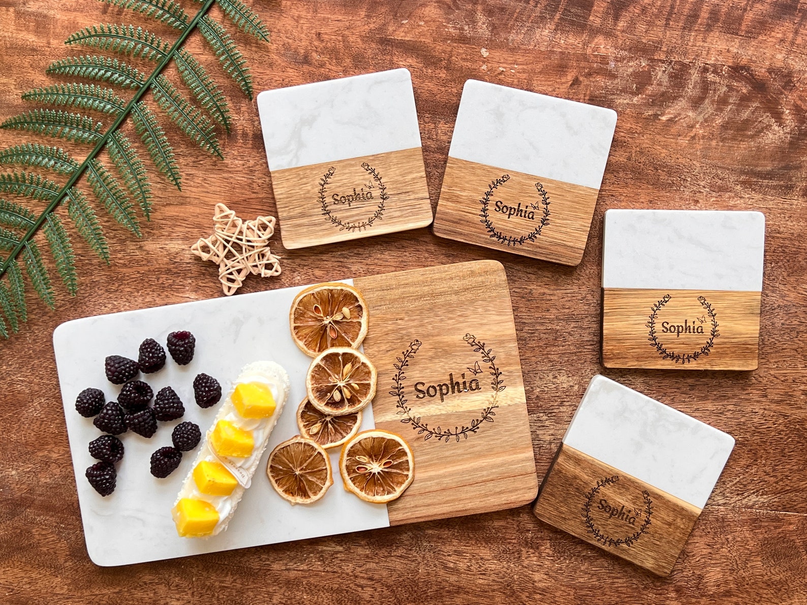Personalized Marble and Wood Charcuterie Board with Matching Coasters Set