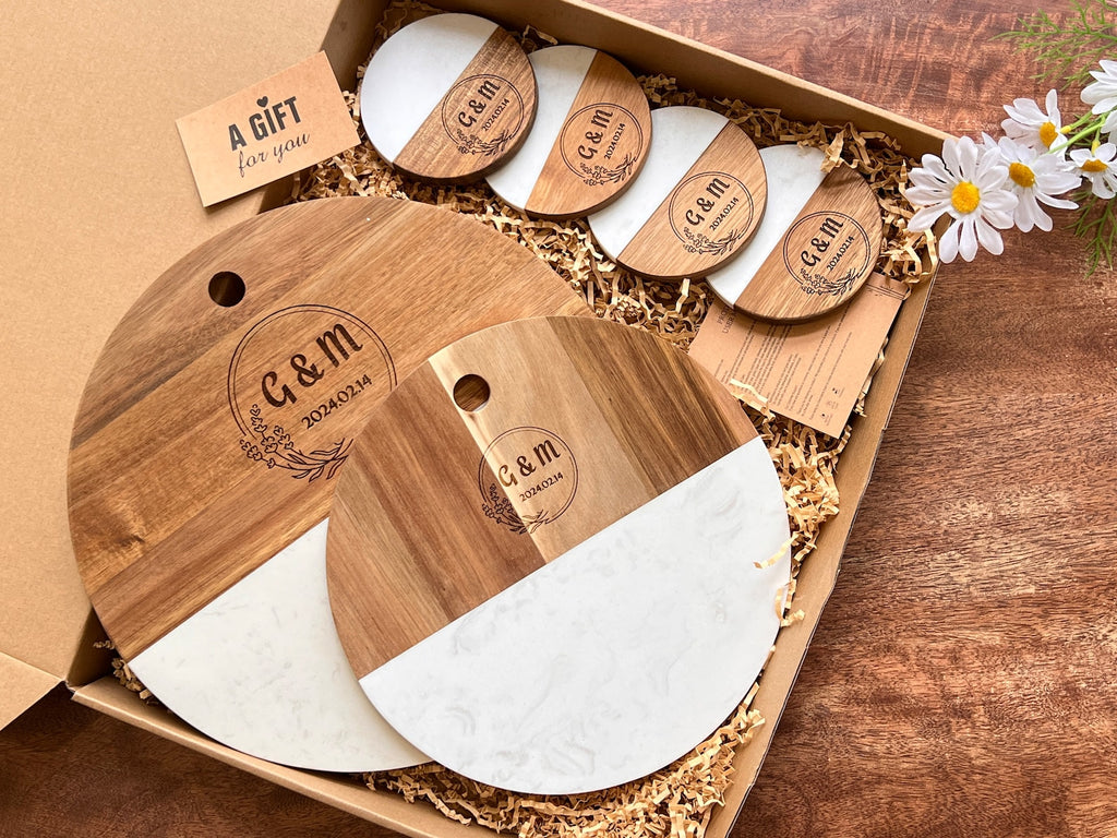 Personalized Round Marble and Wood Charcuterie Board with Coasters