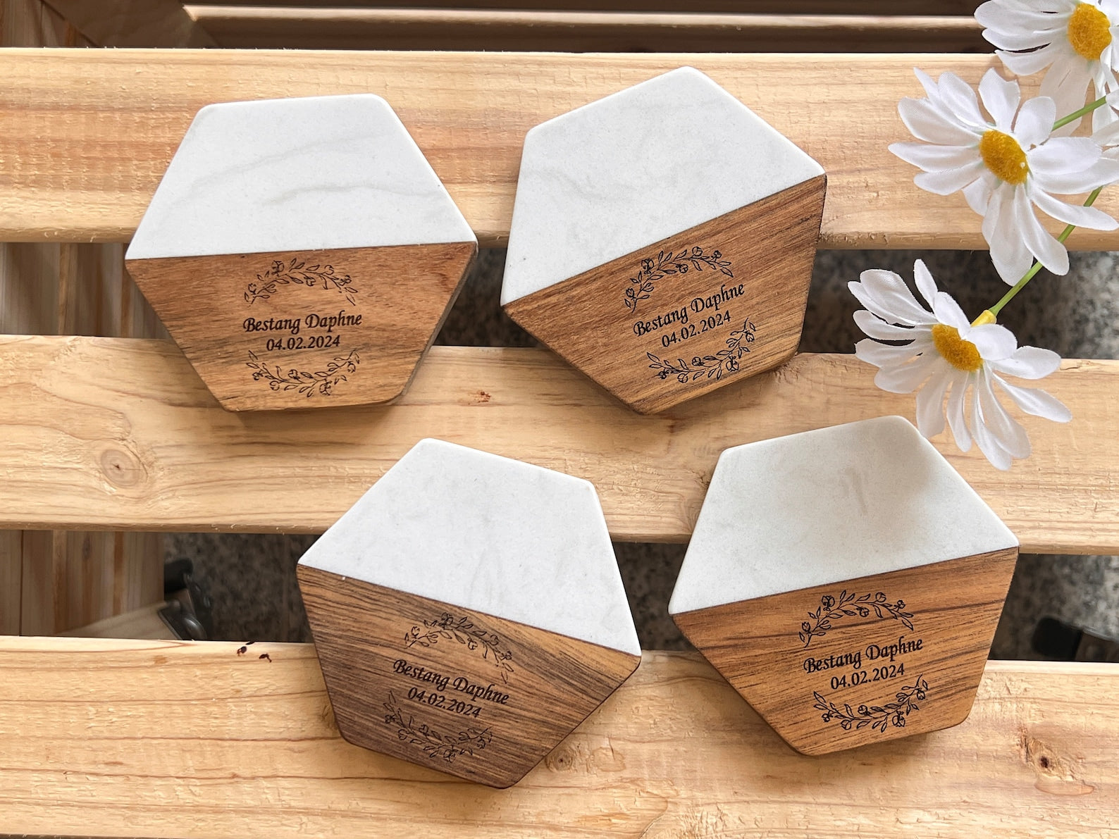 Personalized Marble and Wood Charcuterie Board with Matching Coasters Set