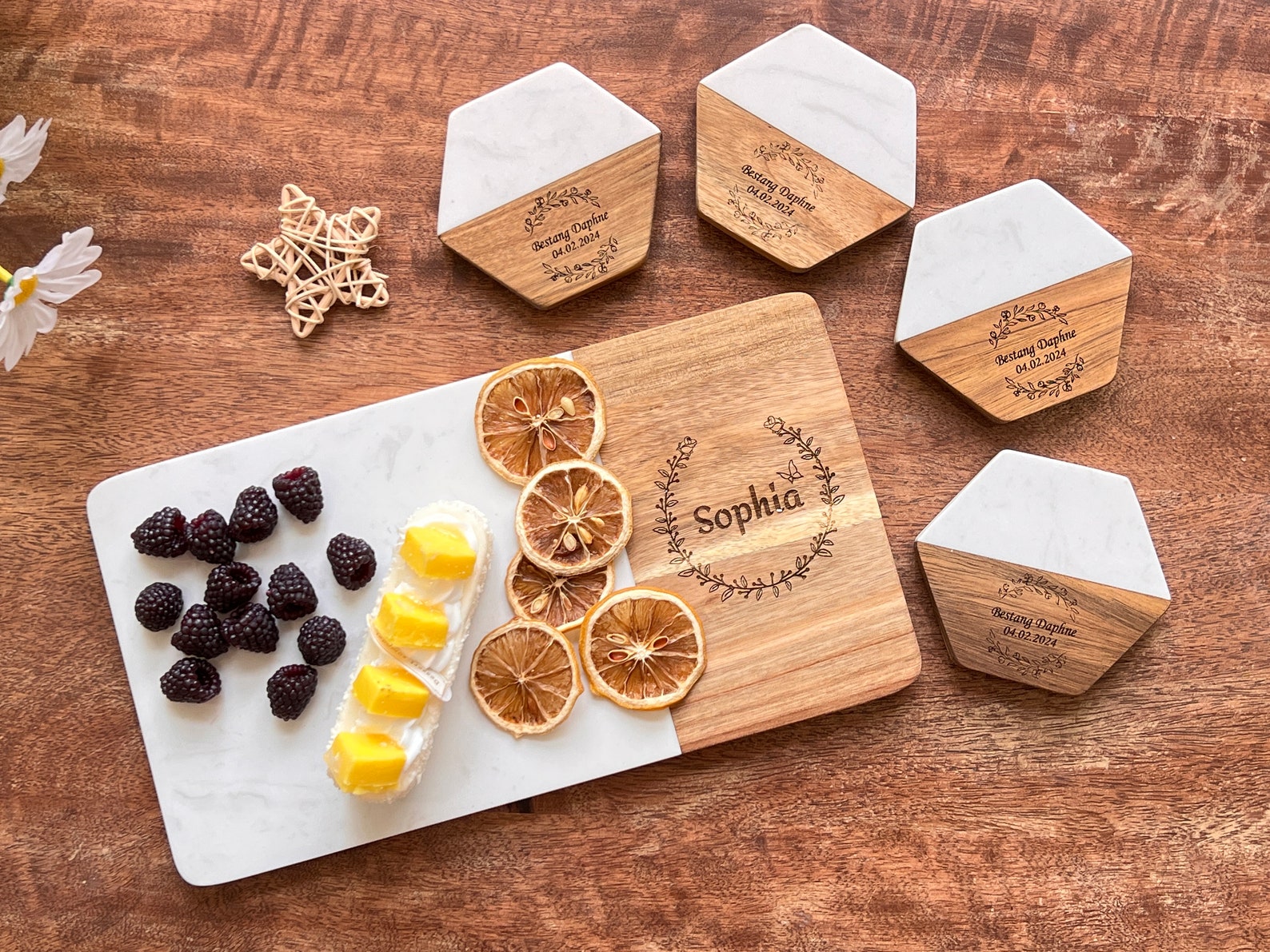 Personalized Marble and Wood Charcuterie Board with Matching Coasters Set