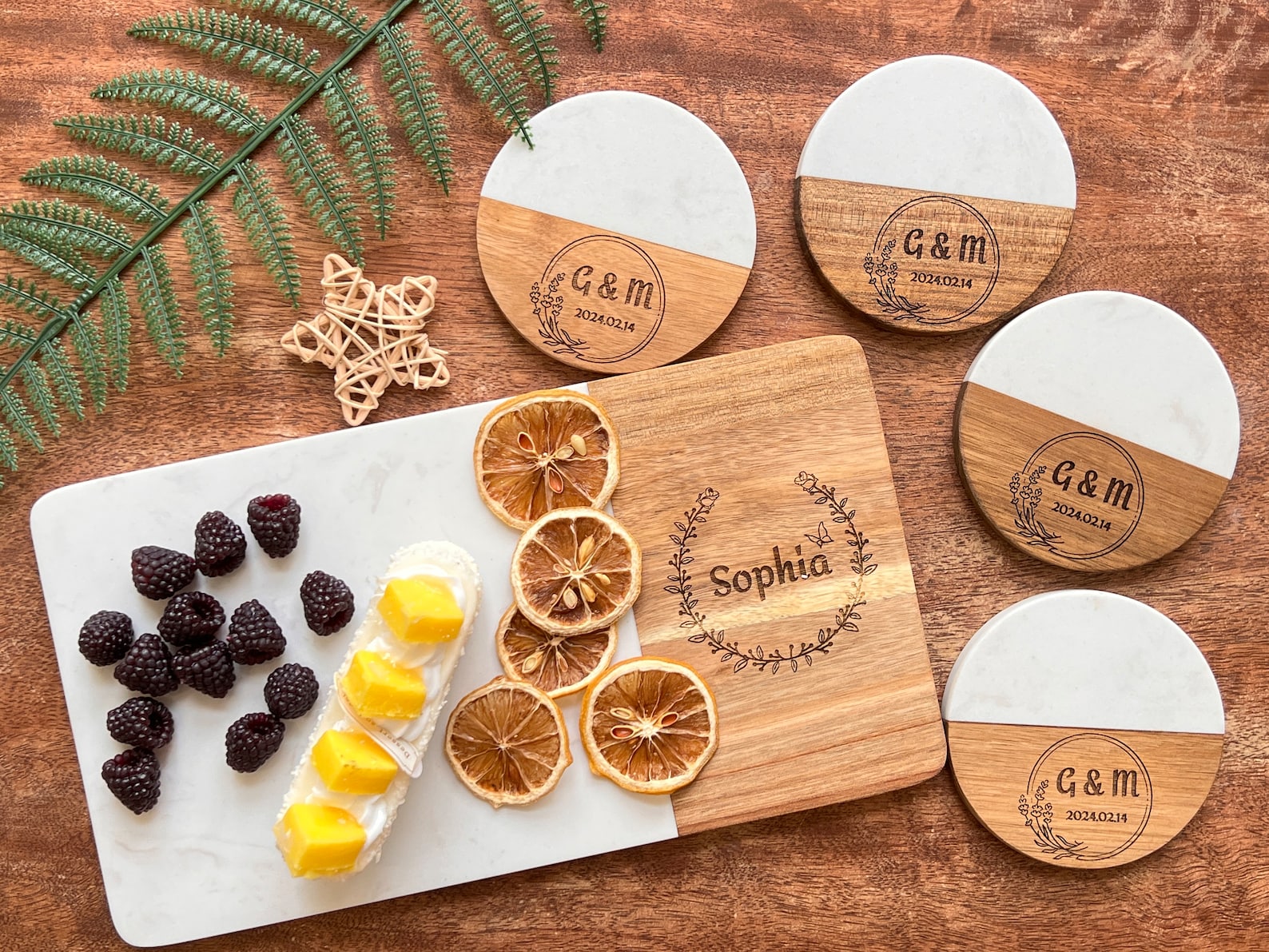 Personalized Marble and Wood Charcuterie Board with Matching Coasters Set
