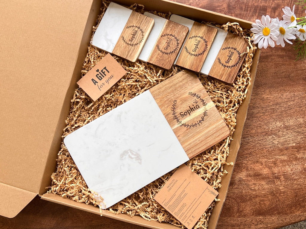 Personalized Marble and Wood Charcuterie Board with Matching Coasters Set