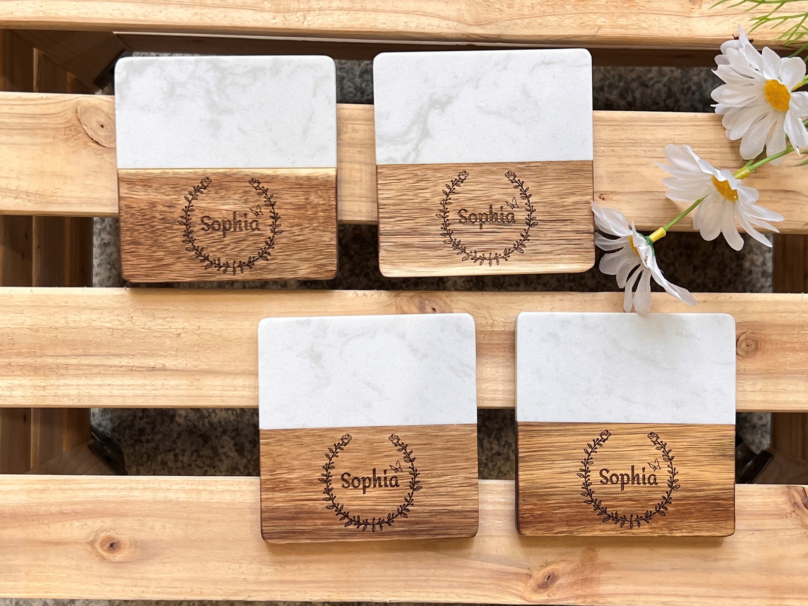Personalized White Marble & Wood Coaster
