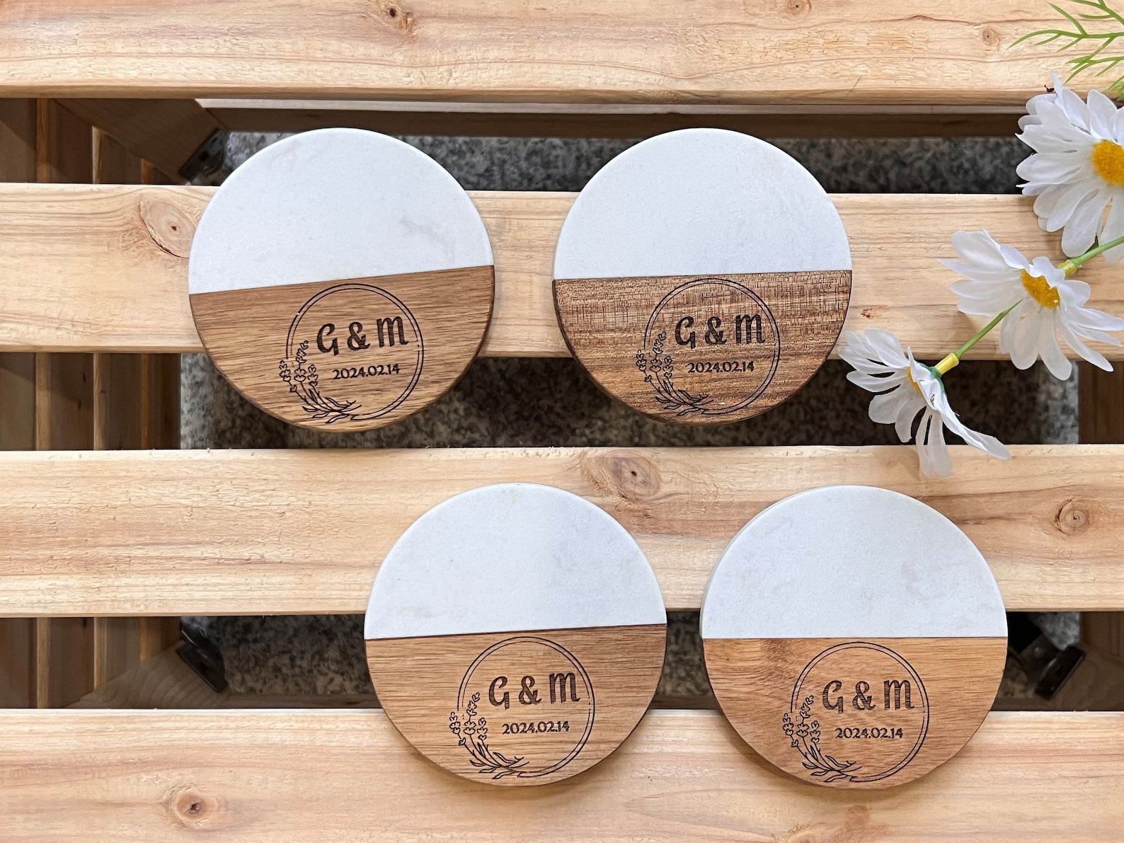 Personalized White Marble & Wood Coaster