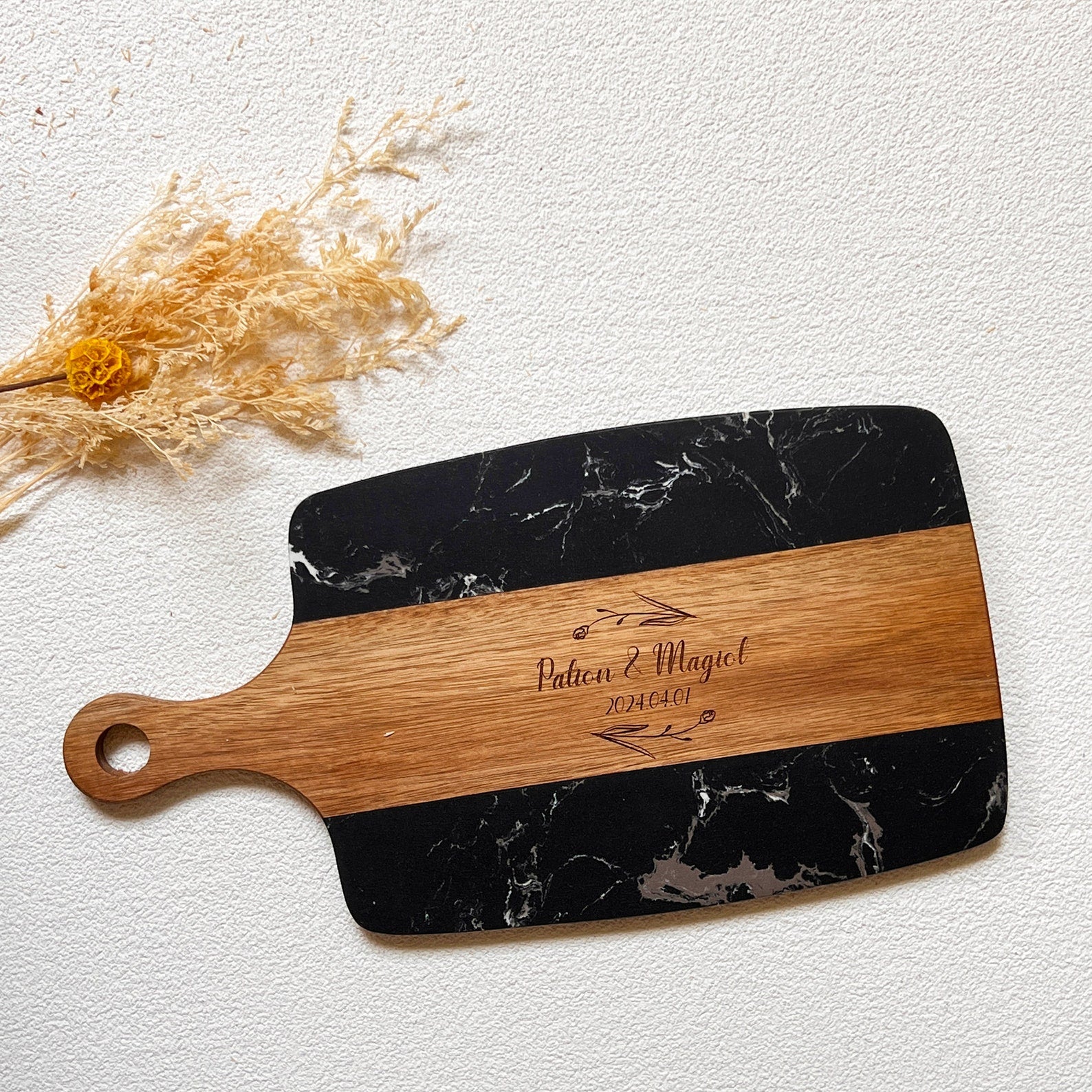 Personalized Black Marble and Wood Charcuterie Board Set
