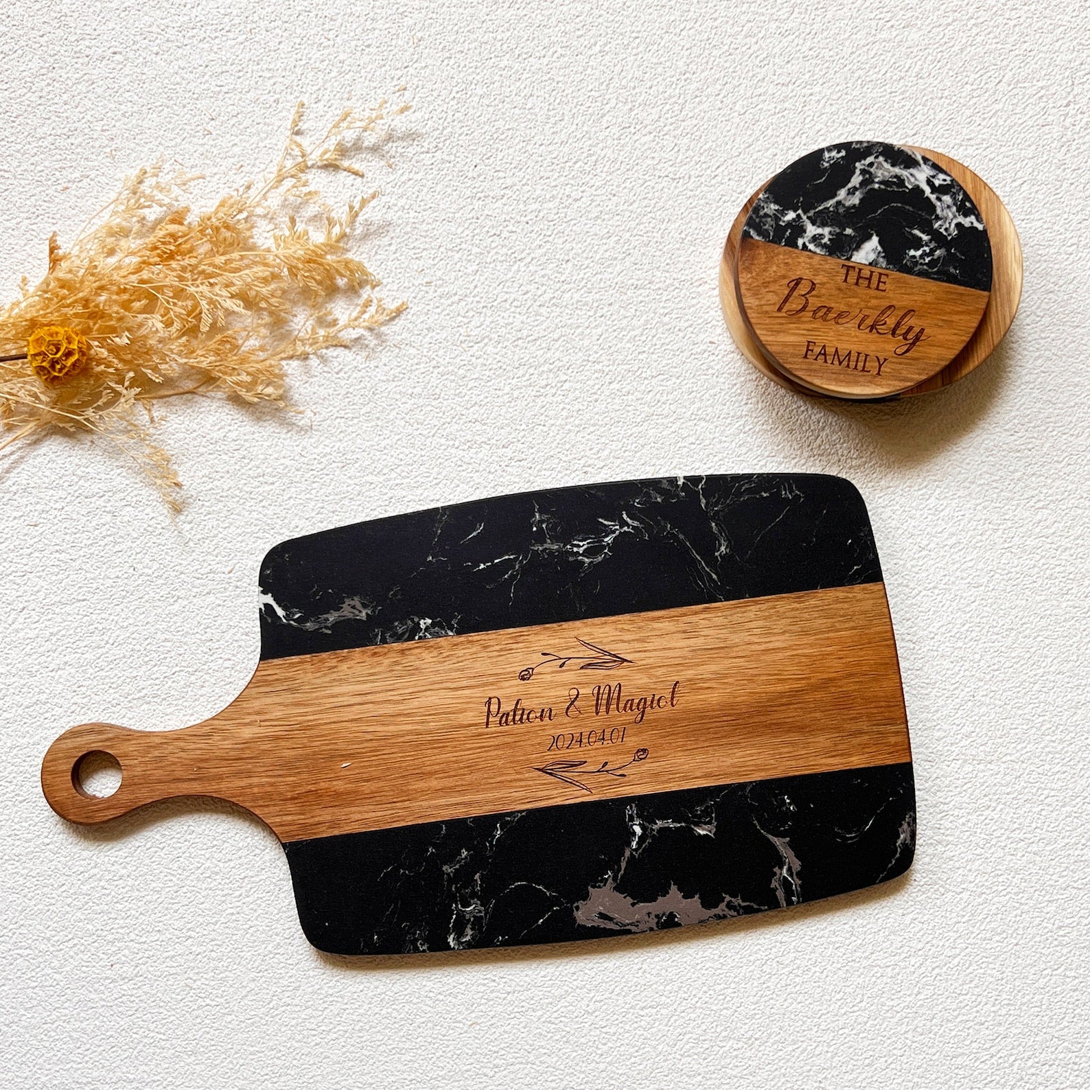 Personalized Black Marble and Wood Charcuterie Board Set