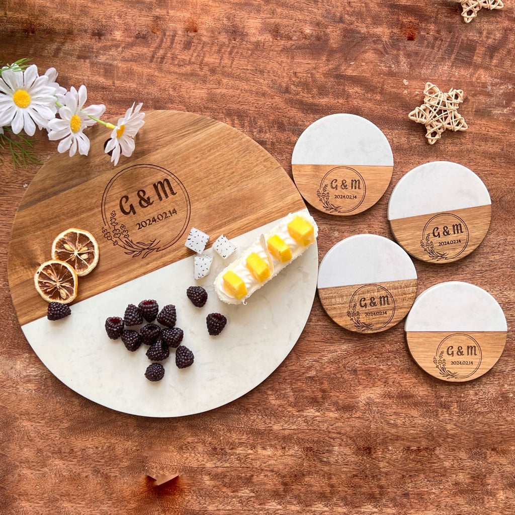Personalized Round Marble and Wood Charcuterie Board with Coasters