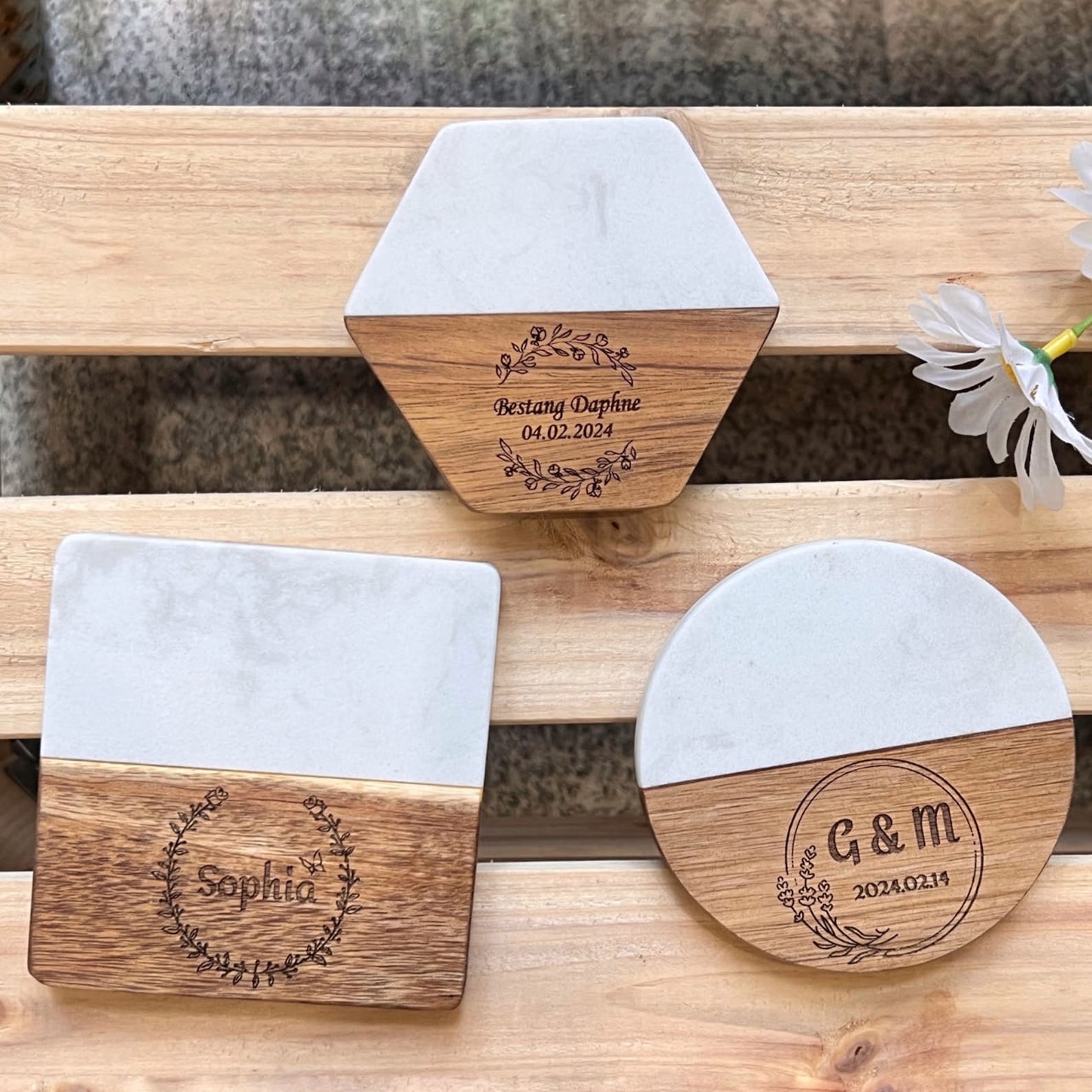 Personalized White Marble & Wood Coaster