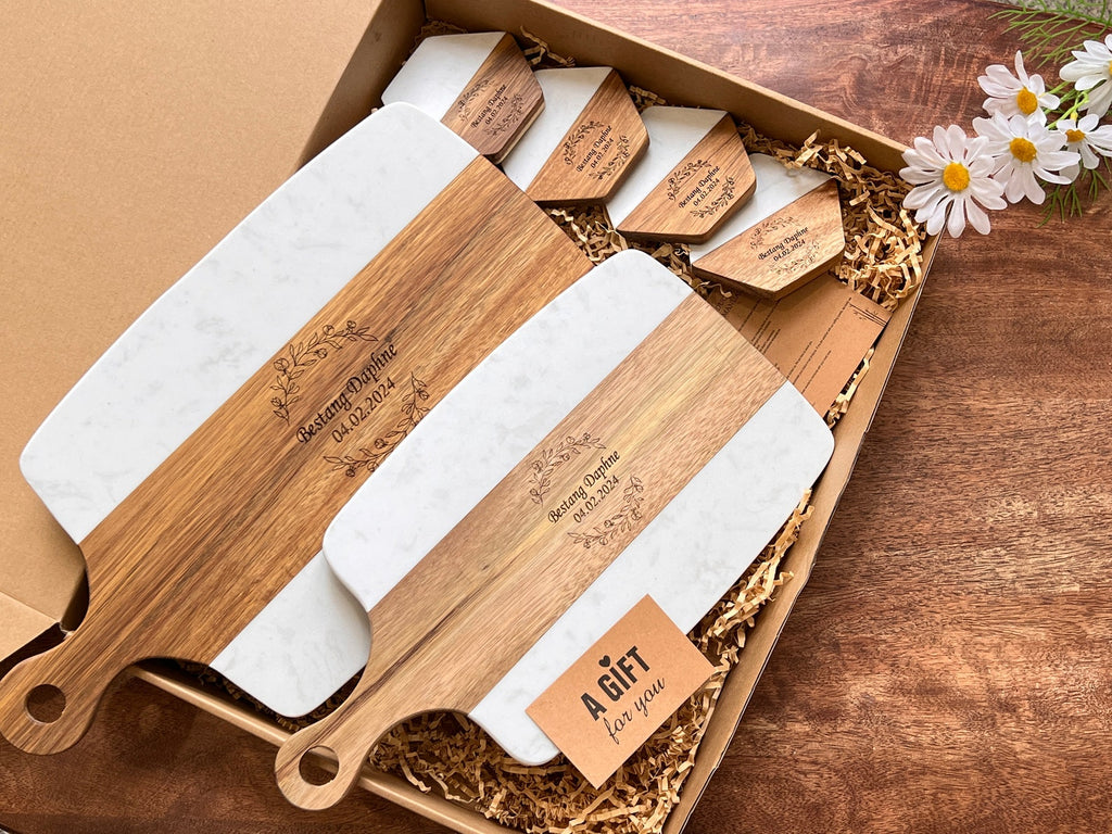 Personalized Black Marble and Wood Charcuterie Board Set