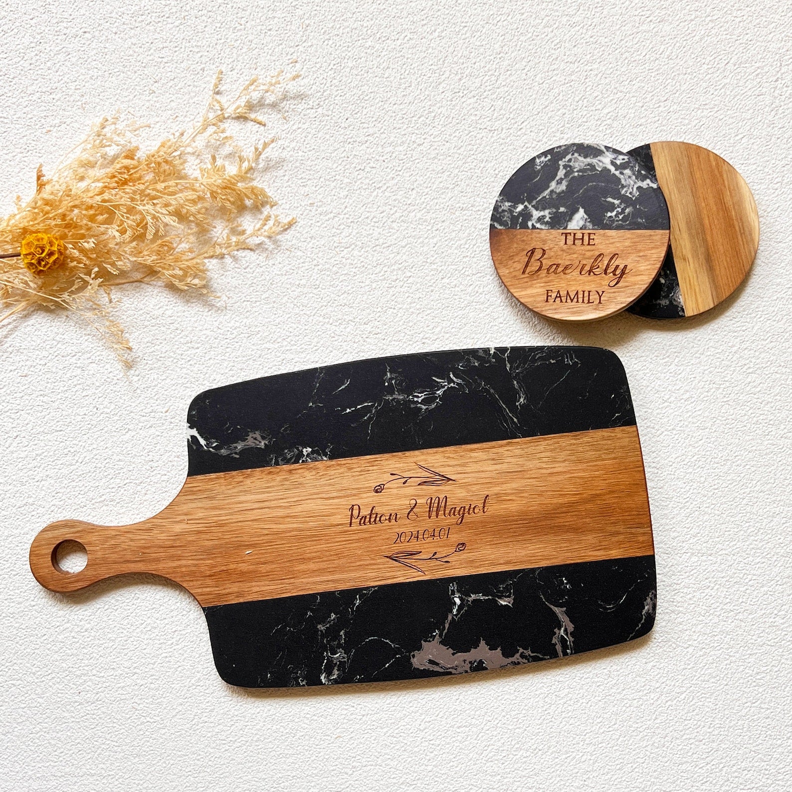 Personalized Black Marble and Wood Charcuterie Board Set