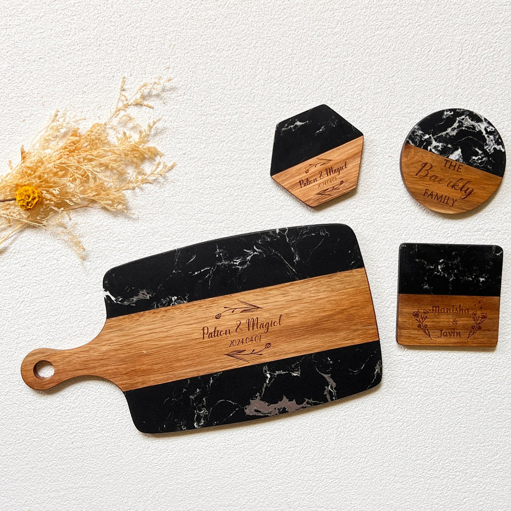 Personalized Black Marble and Wood Charcuterie Board Set