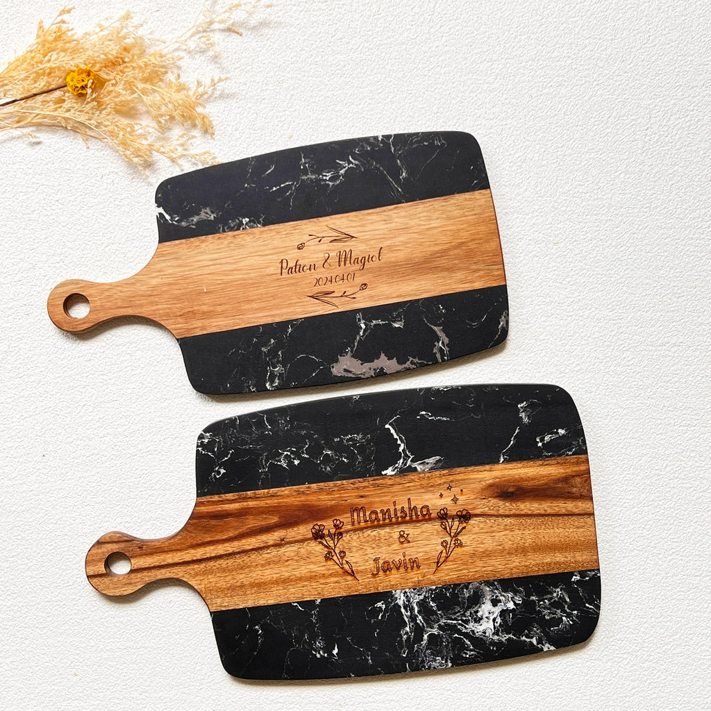 Personalized Black Marble and Wood Charcuterie Board Set