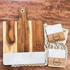 Personalized Marble & Acacia Charcuterie Board Gift Set with Engraved Coasters