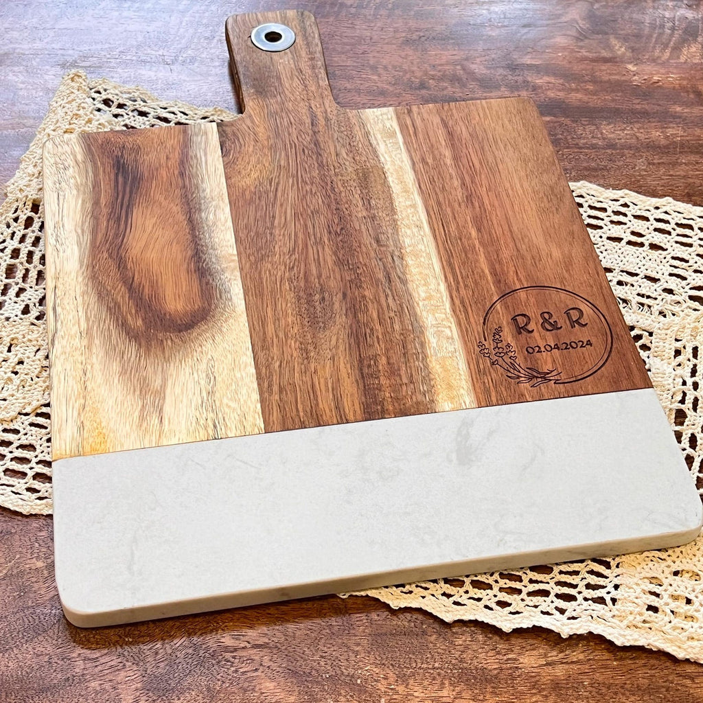 Personalized Marble & Acacia Charcuterie Board Gift Set with Engraved Coasters