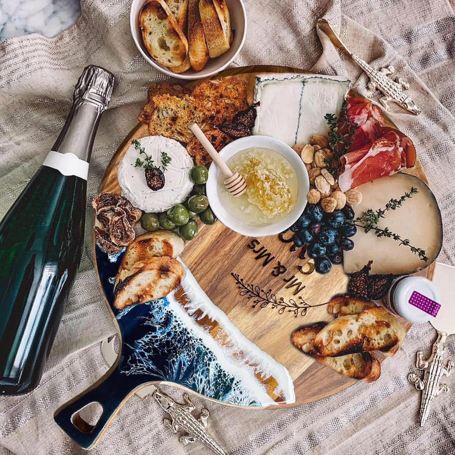 Personalized Wedding Charcuterie Board with Ocean Resin