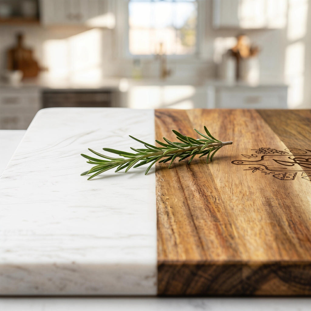 Personalized marble and acacia cheese board