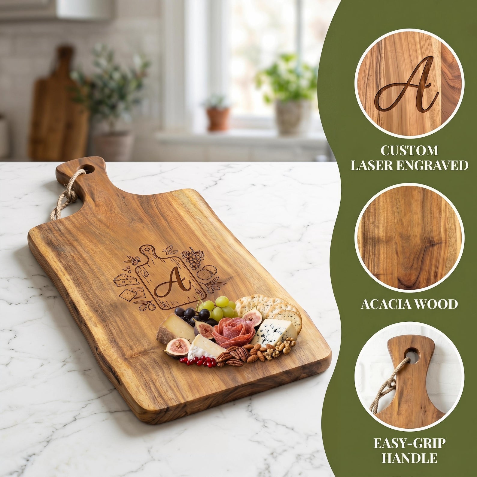 Personalized live edge charcuterie board with handle
