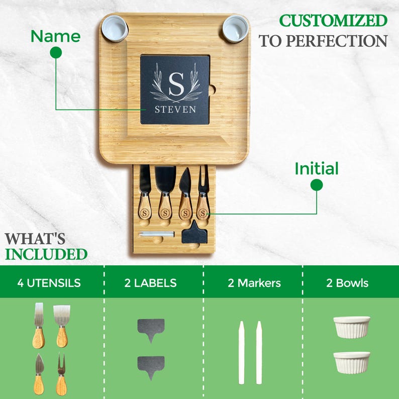 Custom Engraved Bamboo Cheese Board with Drawer & Knife Set