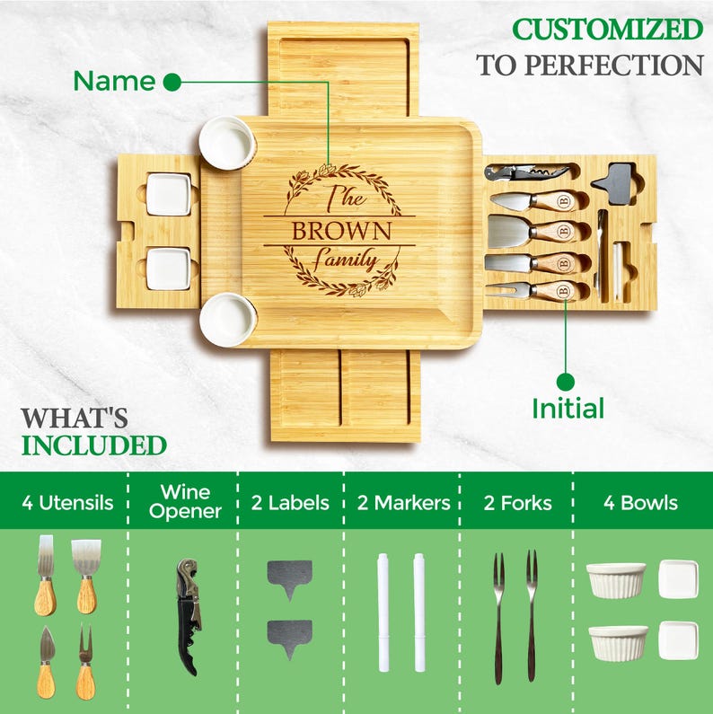 Personalized 4-Drawer Bamboo Cheese Board - Mother’s Day Kitchen Gift