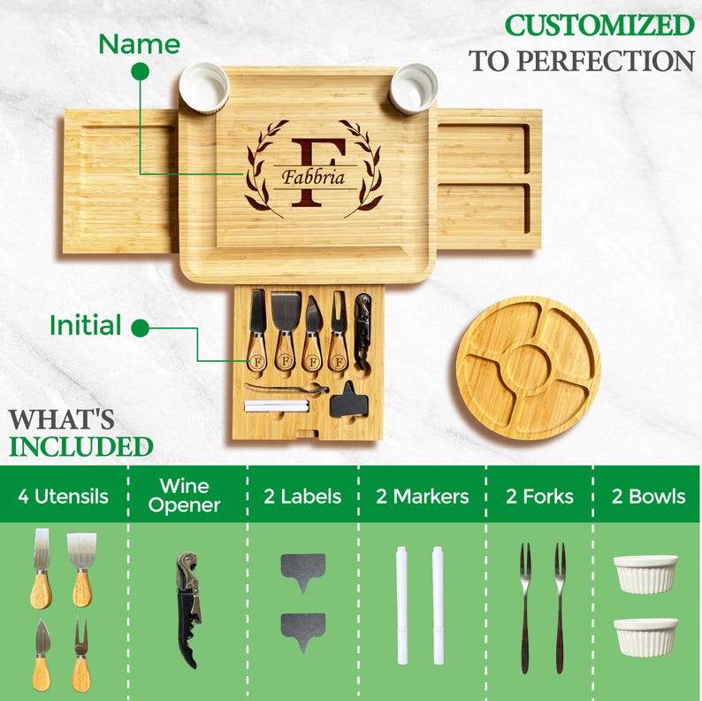 Personalized Bamboo Charcuterie Board with 3 Drawers & Tray