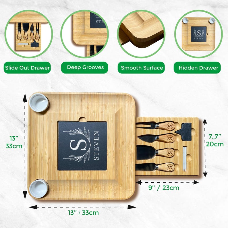 Custom Engraved Bamboo Cheese Board with Drawer & Knife Set