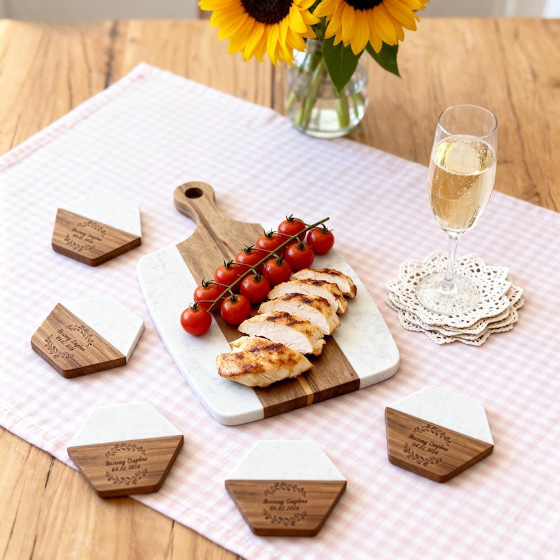 Personalized Marble & Wood Cheese Board with 4 Coasters - Wedding Gift