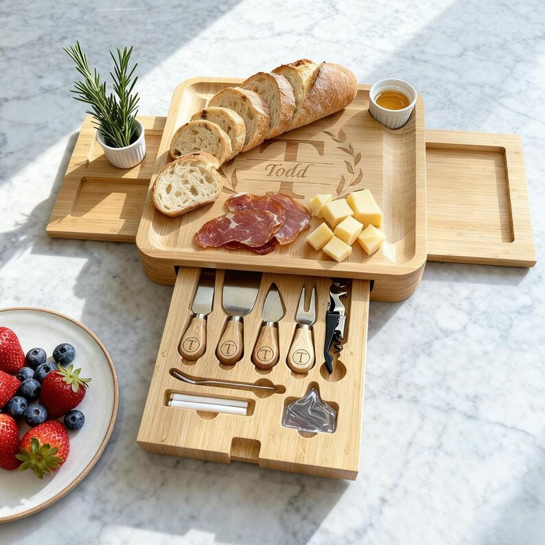 Personalized Bamboo Charcuterie Board with 3 Drawers & Tray