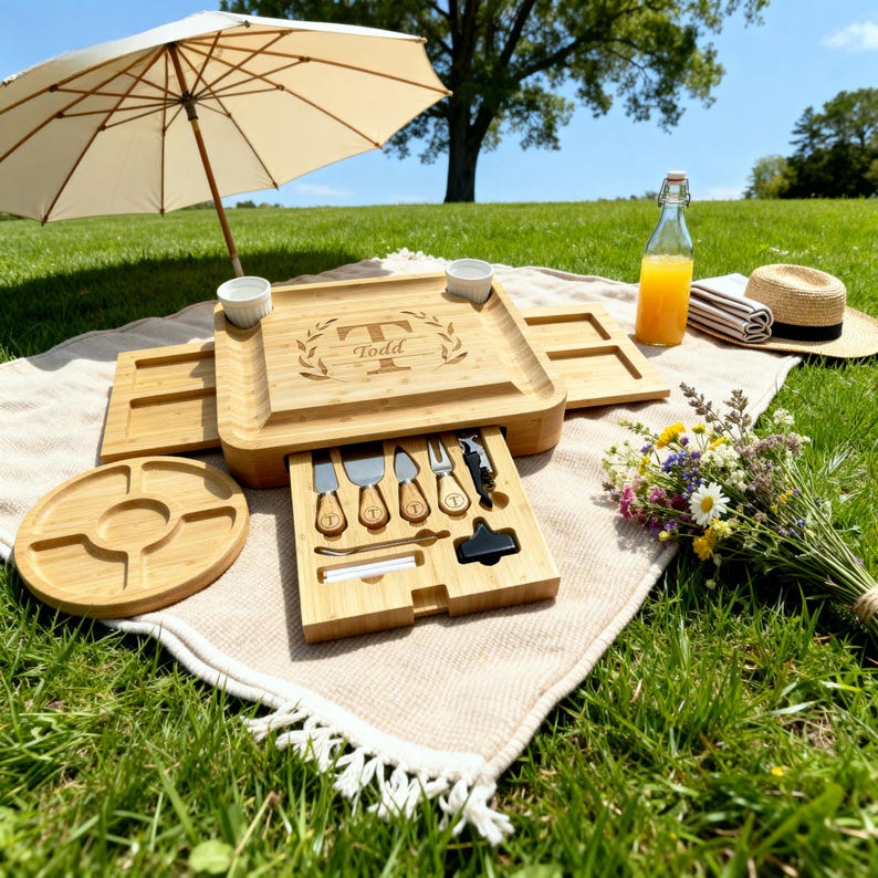 Personalized Bamboo Charcuterie Board with 3 Drawers & Tray