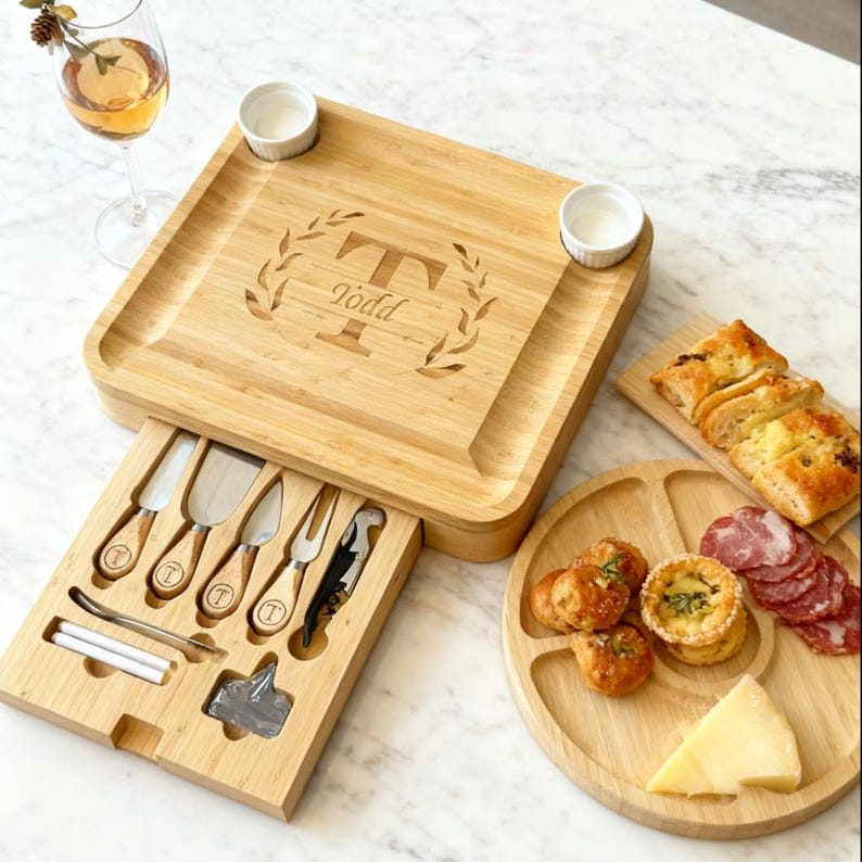 Personalized Bamboo Charcuterie Board with 3 Drawers & Tray