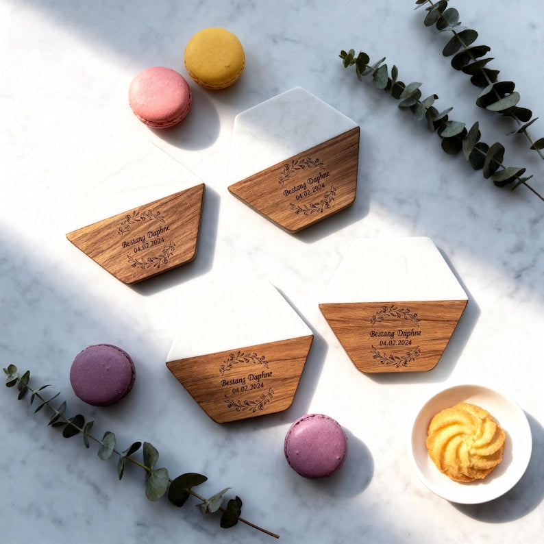 Personalized Marble & Wood Cheese Board with 4 Coasters - Wedding Gift
