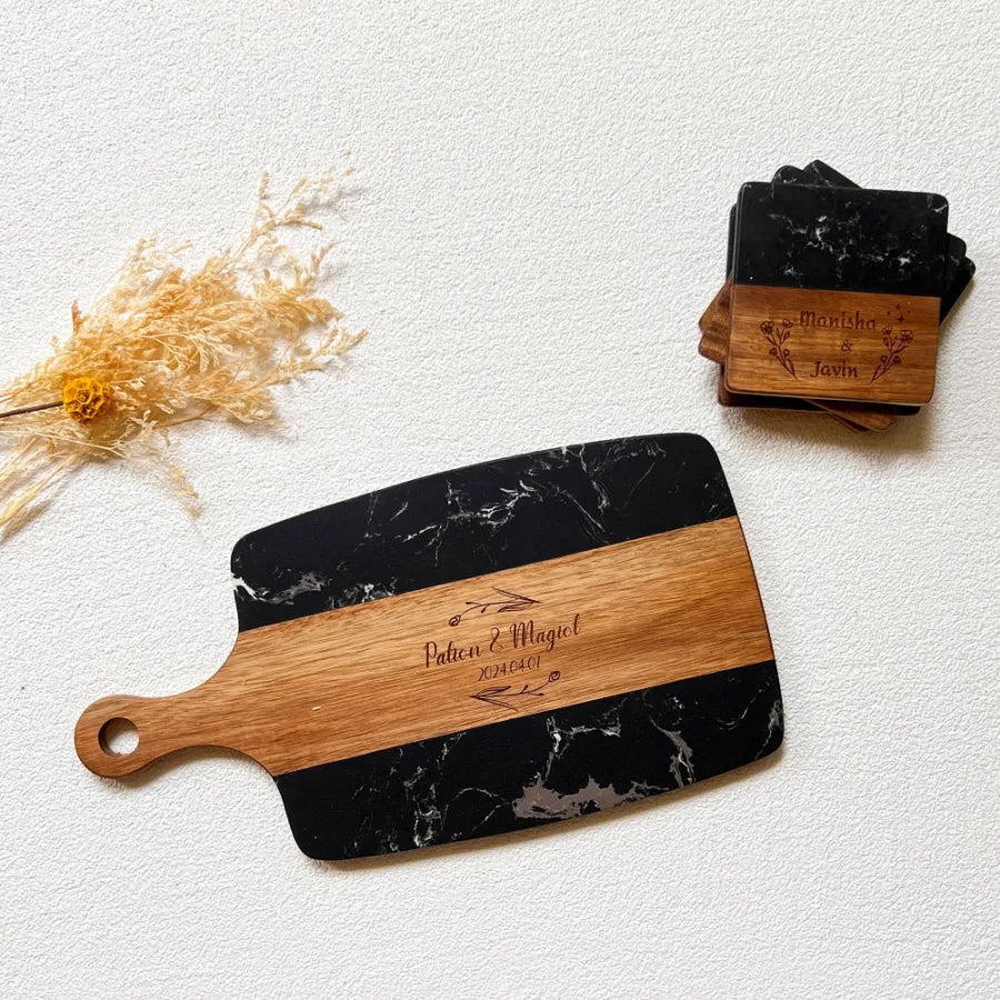 Personalized Black Paddle Serving Board & Coaster Set