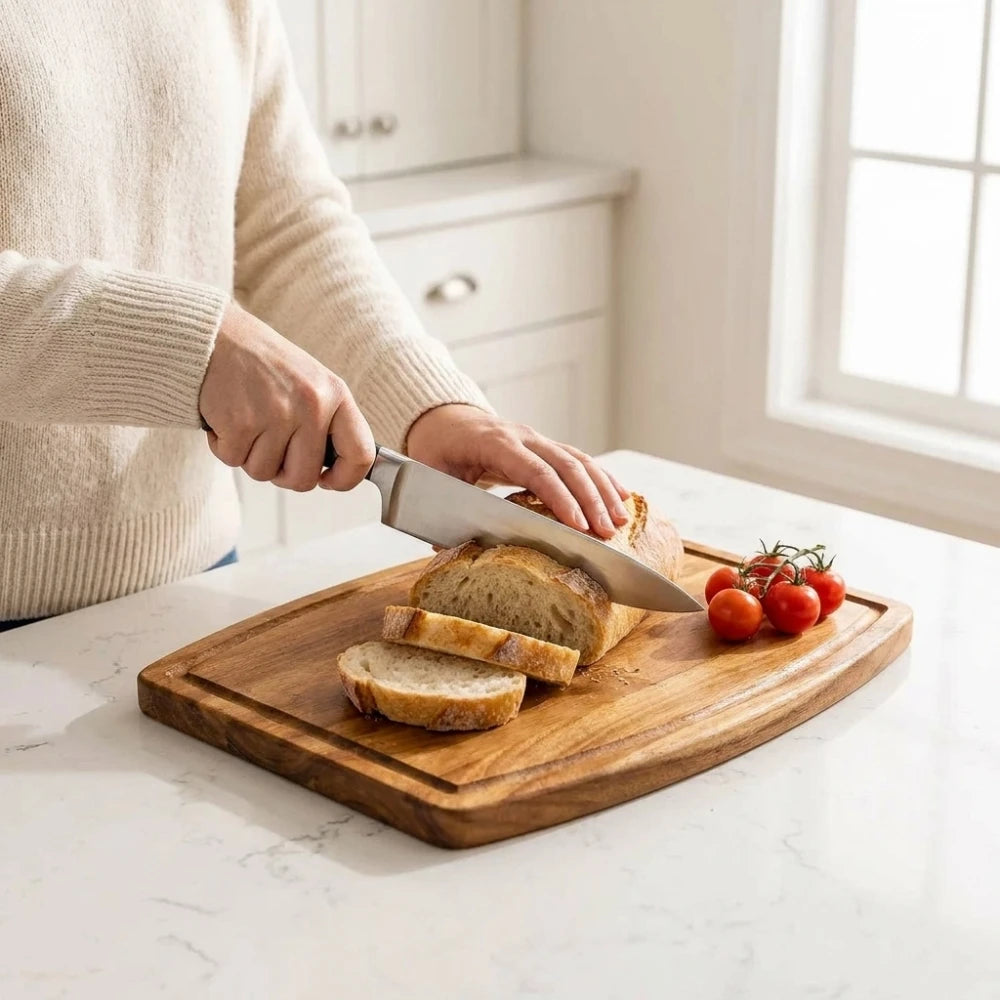person-slicing-bread-on-blank-wooden-board-with-tomatoes