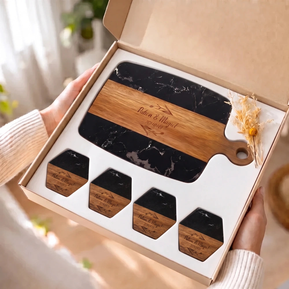 personalized-black-marble-wood-board-hexagon-coaster-gift-set