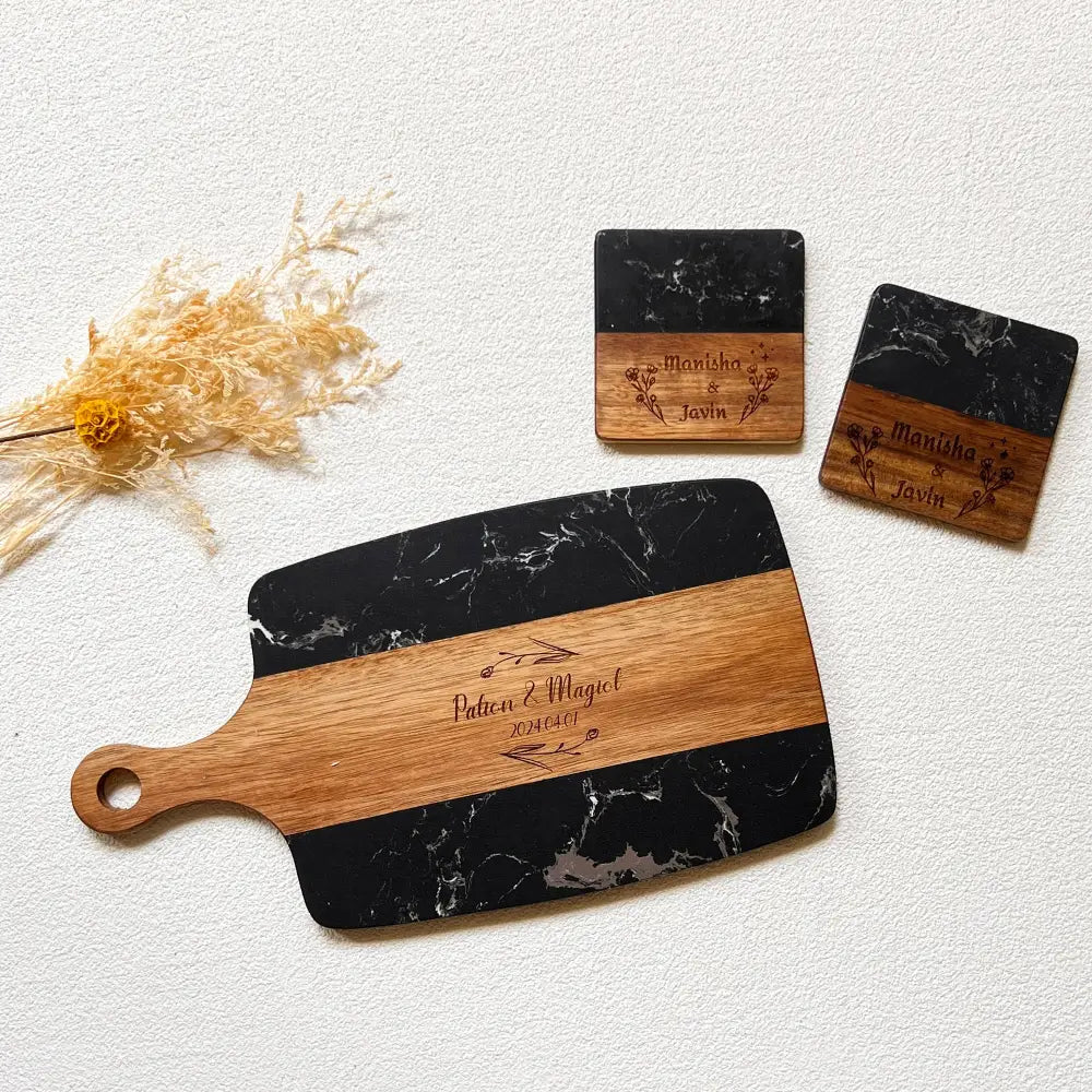Personalized Black Paddle Serving Board & Coaster Set