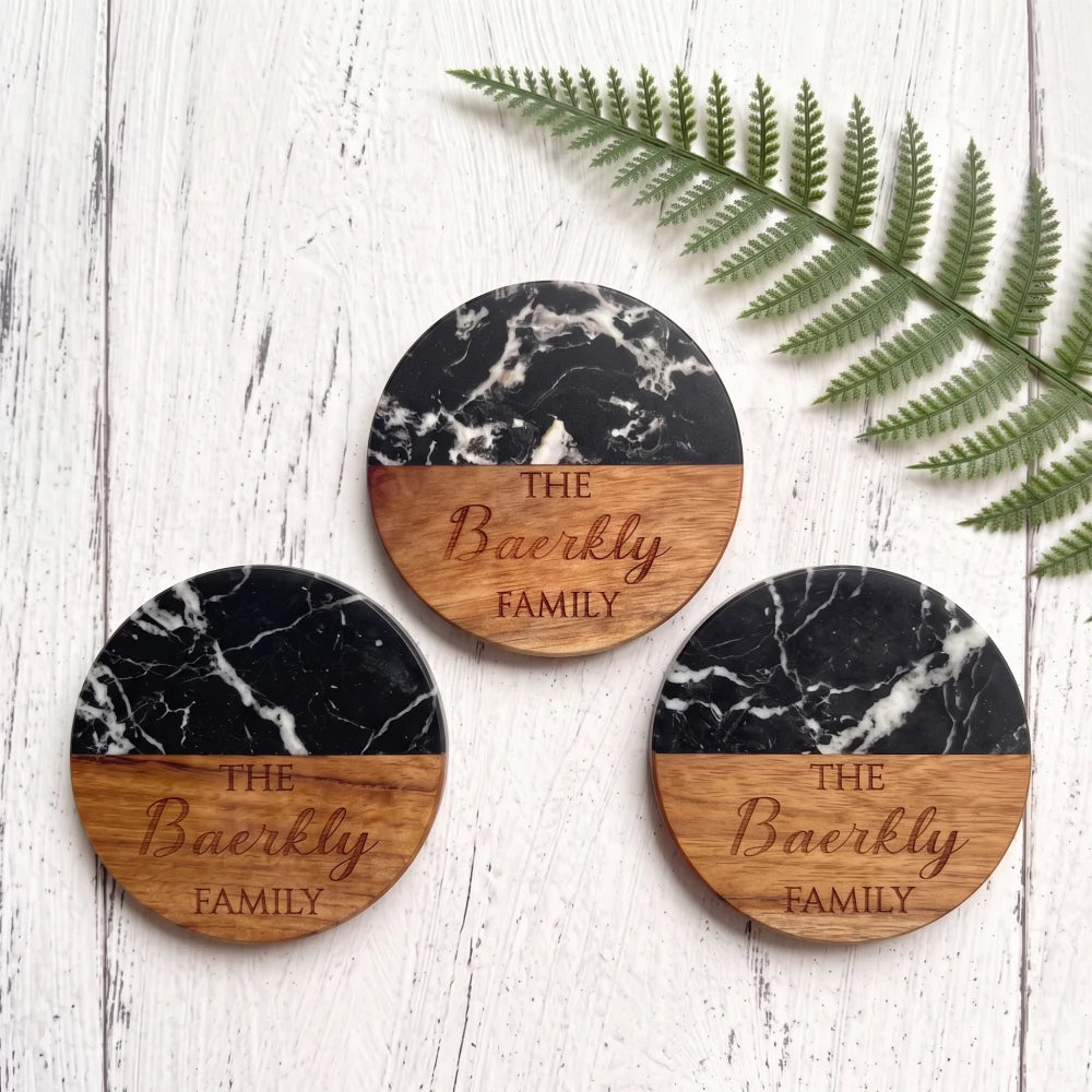 personalized-black-marble-wood-coasters-flat-lay