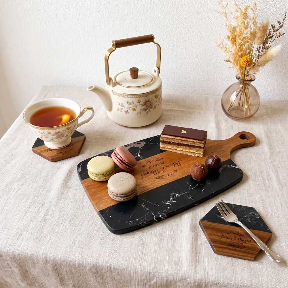 personalized-marble-board-hexagon-coasters-tea-setting