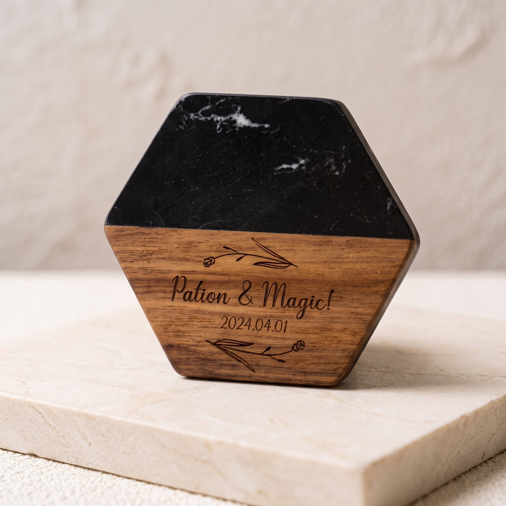 personalized-marble-wood-hexagon-coaster-close-up