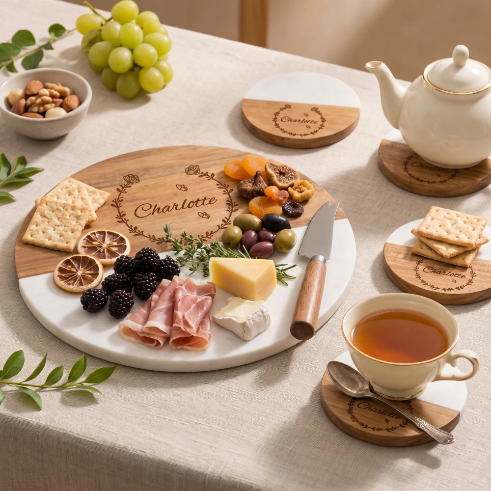 personalized-round-marble-wood-charcuterie-board-tea-setting
